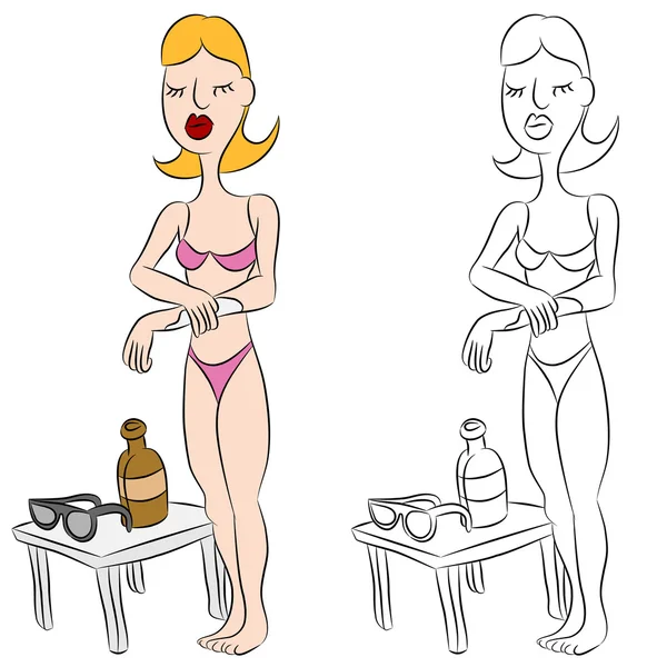 Mujer Bikini Aplicando Loción Protector Solar a Su Brazo — Vector de stock