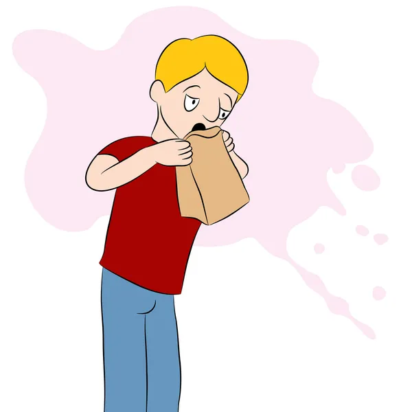 Hombre usando una bolsa de vomitar — Vector de stock