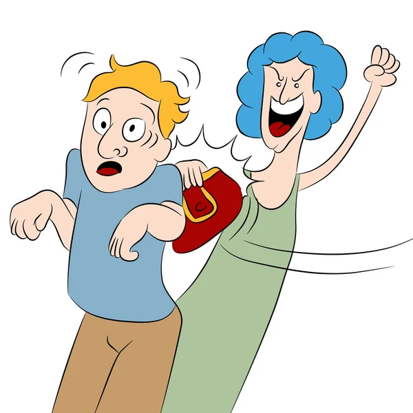 Mujer enojada golpea al hombre con su bolso — Vector de stock