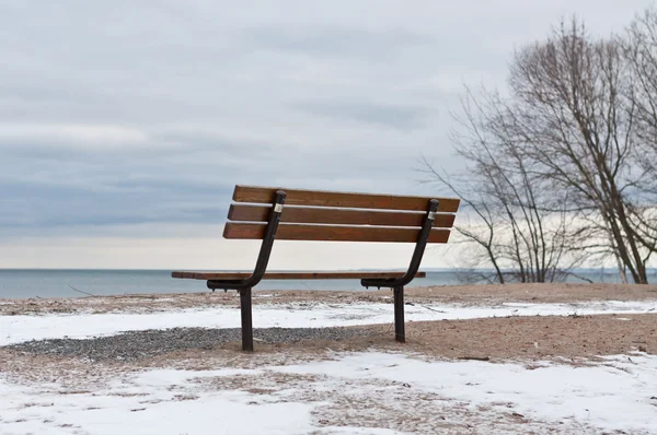冬の湖のほとりの空公園のベンチ — ストック写真