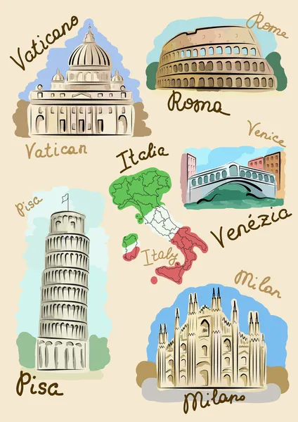 Достопримечательности Италии в акварелях — стоковый вектор