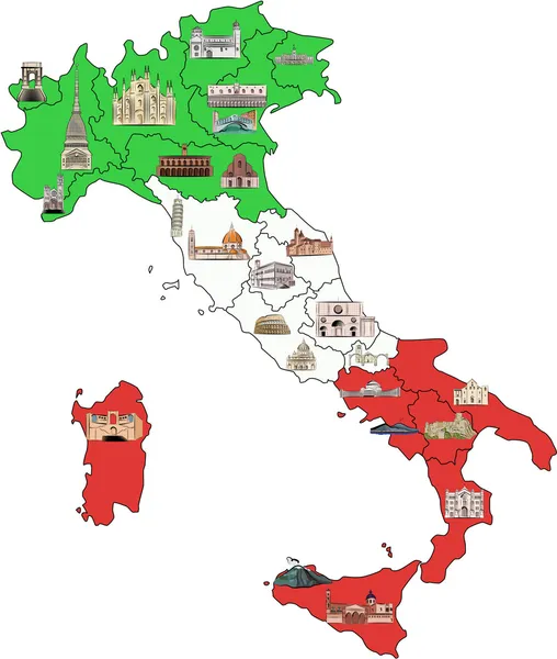 Karte von Italien mit Sehenswürdigkeiten in Aquarell — Stockvektor