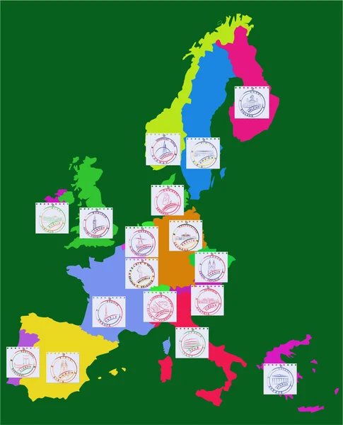 Europakarte mit Stadtmarken — Stockvektor