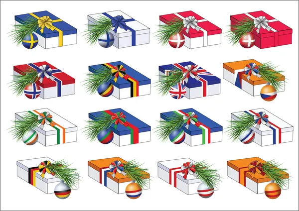 Caixas de presente com países europeus bandeiras fitas —  Vetores de Stock