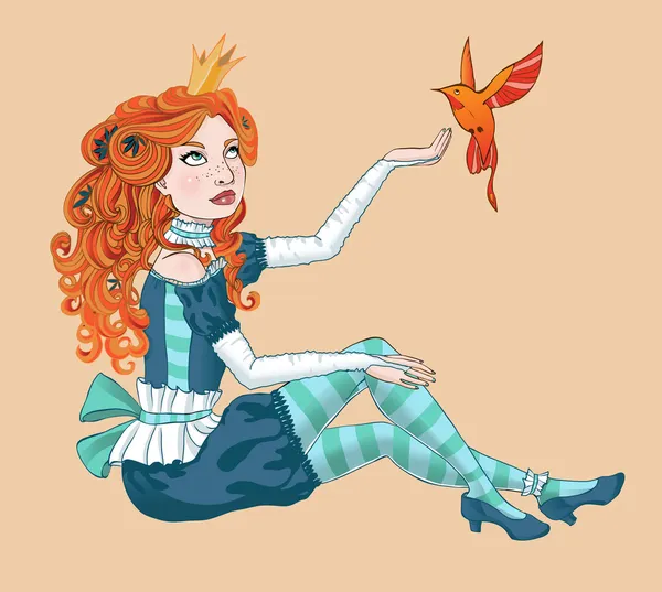 Petite princesse avec un oiseau — Image vectorielle