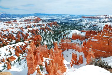 Kışın kar ile Bryce canyon.