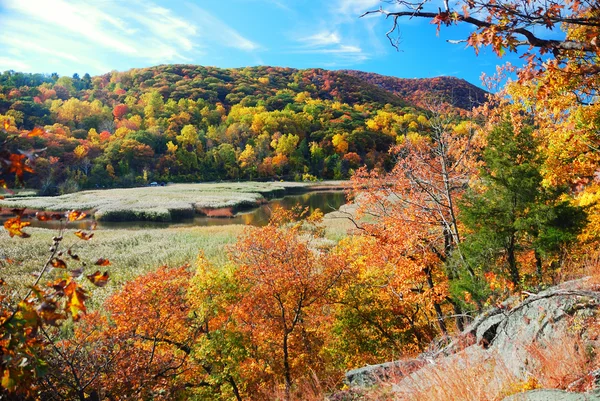 Осенняя гора с озером — стоковое фото