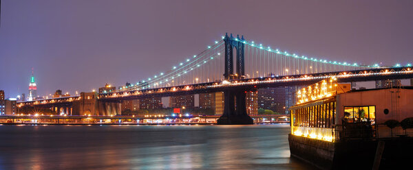 Panorama view. New York City Manhattan skyline with Manhattan bridge and boat at night.