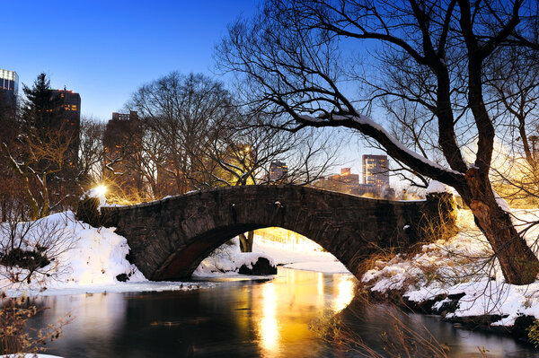 New York City Manhattan Central Park in winter with bridge over lake with snow, ducks and light at dusk.