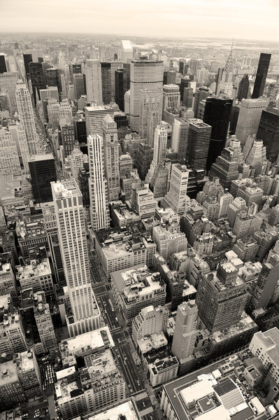 Manhattan skyline with New York City skyscrapers aerial view in black and white