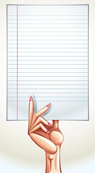 Main féminine avec page bloc-notes . — Image vectorielle