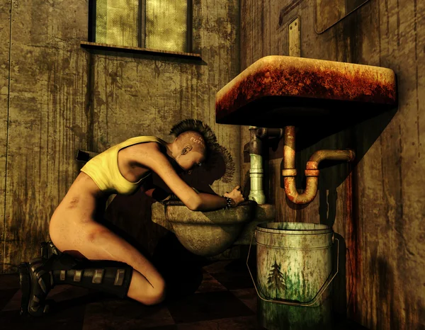 Smutsiga punk tjej böjd över en toalett — Stockfoto