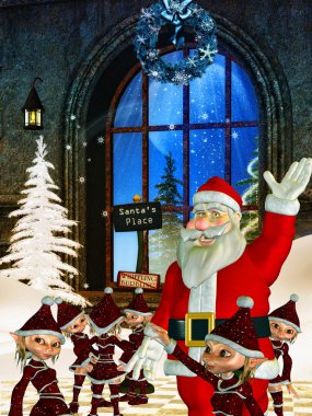 Santa claus with christmas elves clipart