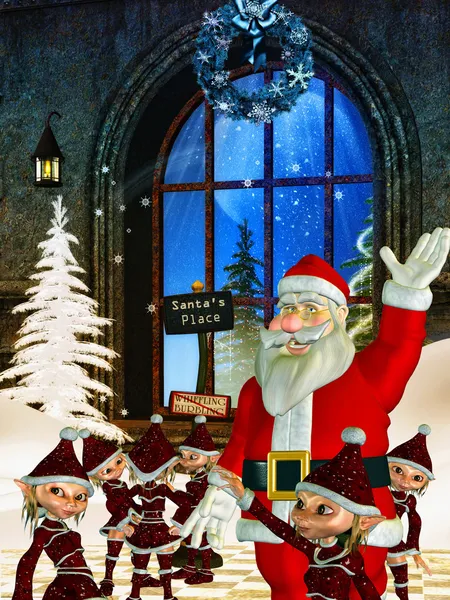 Père Noël avec des elfes de Noël — Photo
