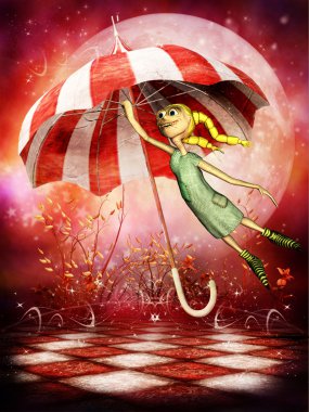 Small doll flies with an umbrella clipart