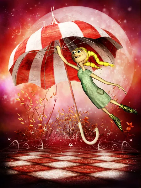 Kleine Puppe fliegt mit Regenschirm — Stockfoto