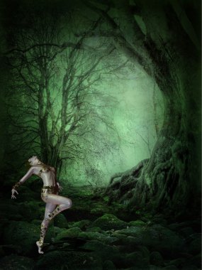 Dancing woman in a dark forest clipart