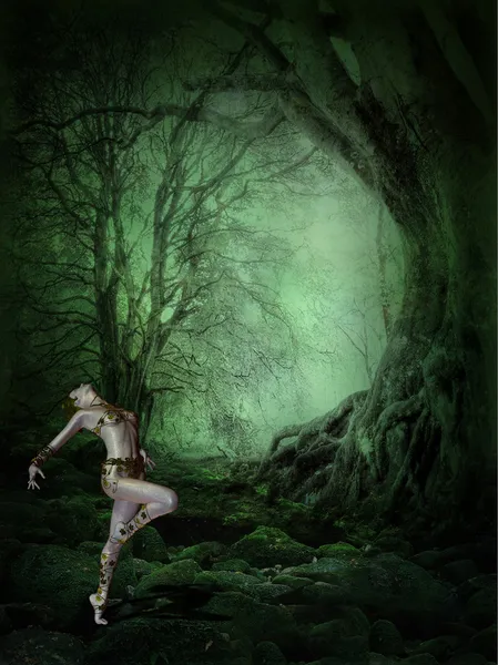 Dancing woman in a dark forest — Stock Photo, Image