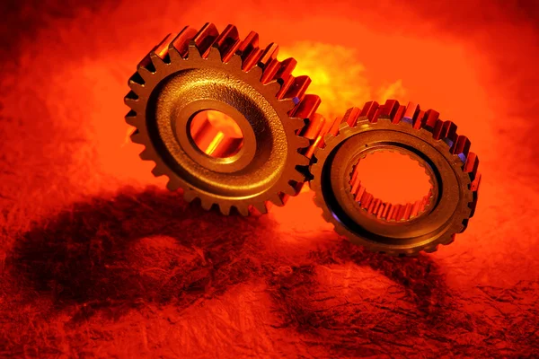 stock image Closeup of two steel gears joining