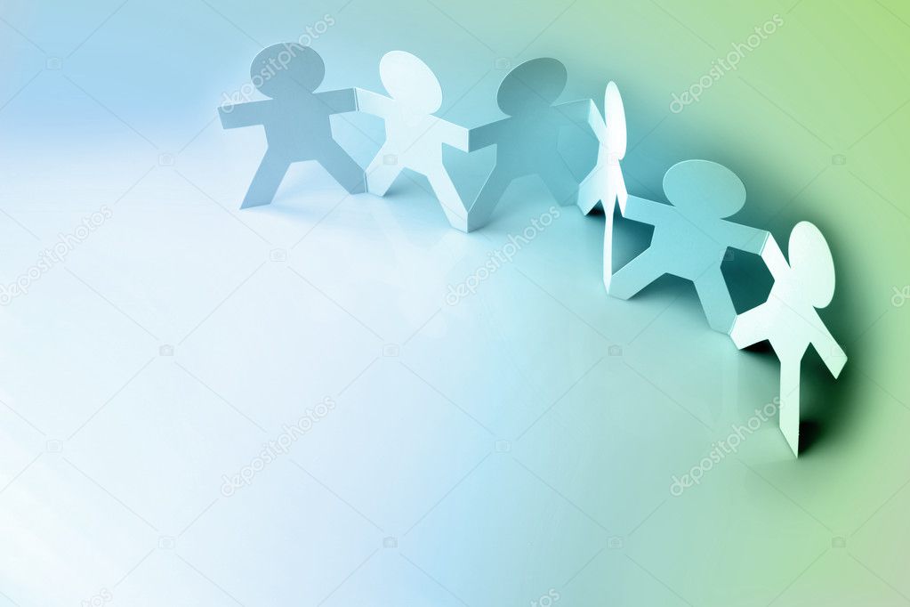 Group of six holding hands. Copy space