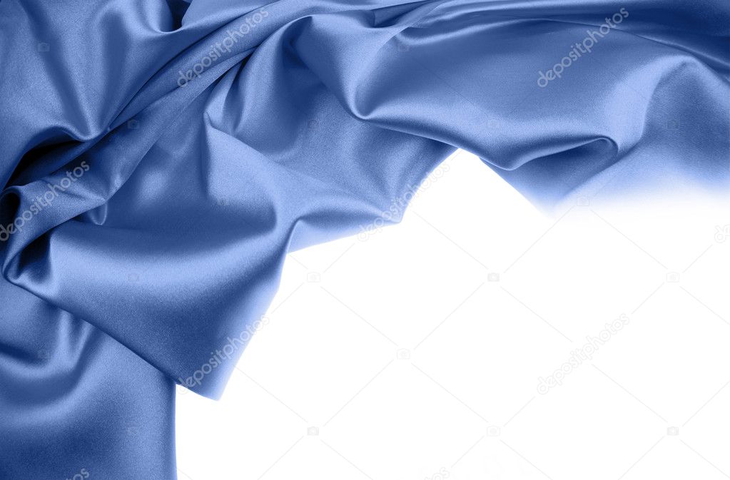 Blue silk material on white background. Copy space