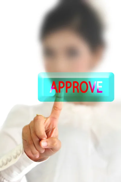 Woman hand pressing approve button on a touch screen — Stock Photo, Image