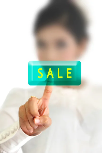 Woman hand pressing sale button on a touch screen — Stock Photo, Image