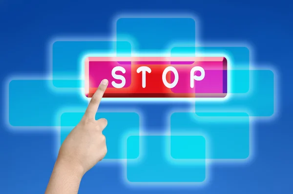 Hand pressing stop button on virtual touch screen — Stock Photo, Image