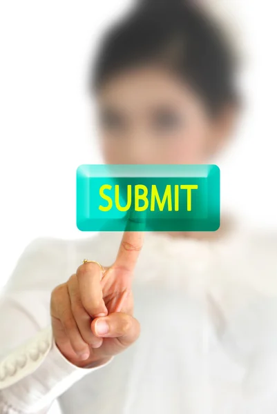 stock image Woman hand pressing submit button on a touch screen