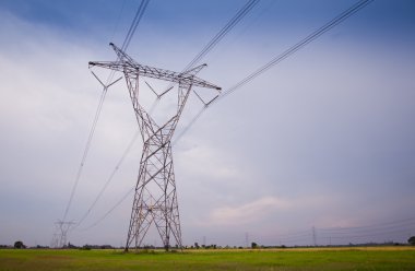 High volt electric line ran across early grow rice field in rura clipart