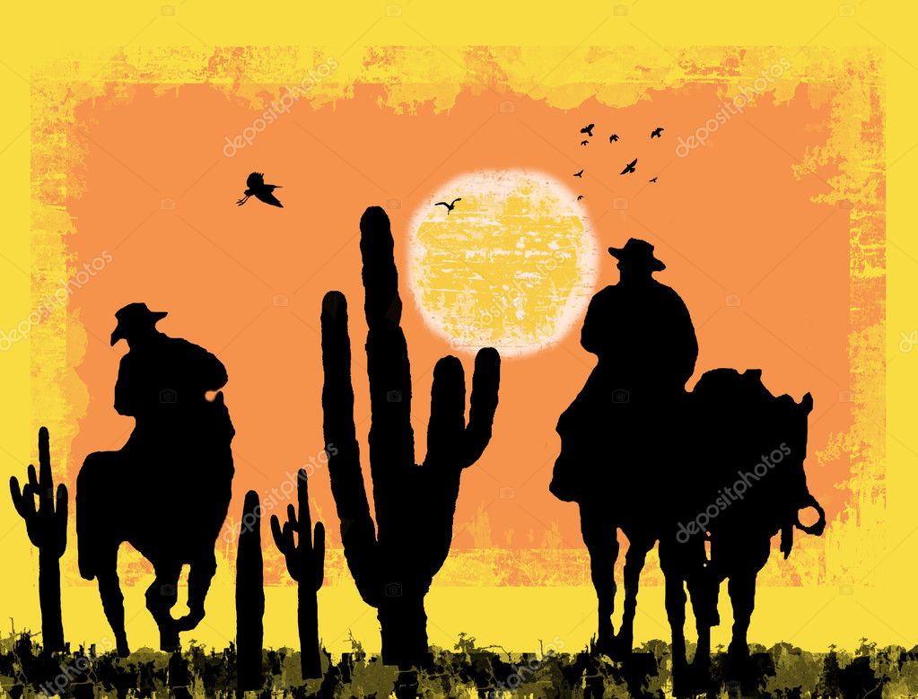 Western cowboys silhouette in desert Royalty Free Vector