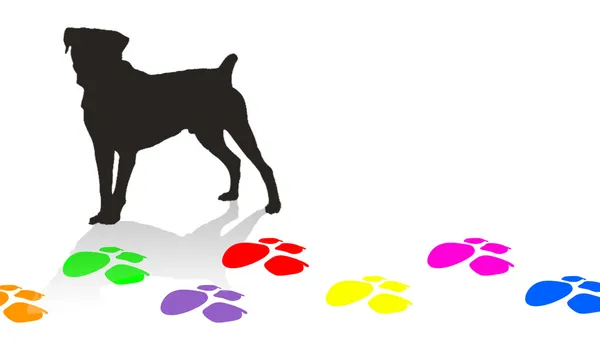 狗剪影和多彩的爪印 — 图库矢量图片