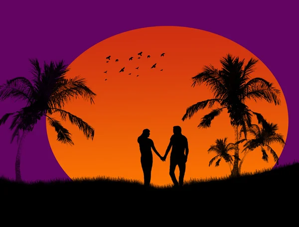 Paar bij tropische zonsondergang — Stockvector