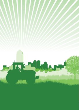 Tractor in a field in front of a cityscape clipart