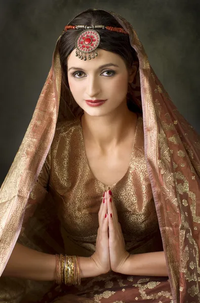 Brunette portrait with traditionl costume. Indian style — Stock Photo, Image