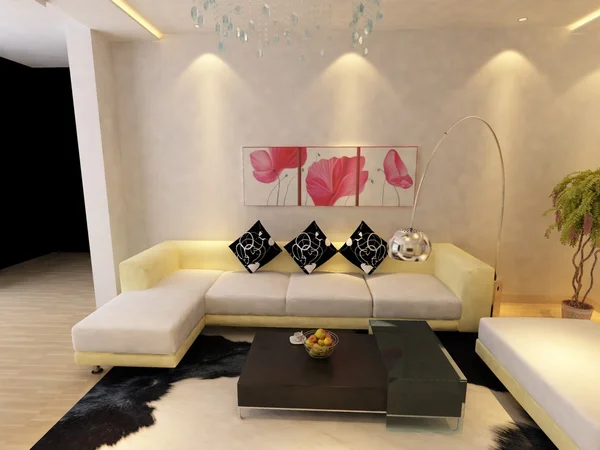 Sala de estar moderna com lcd interior 3d render — Fotografia de Stock