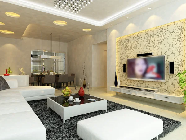 Ruang tamu modern dengan interior lcd 3d render — Stok Foto