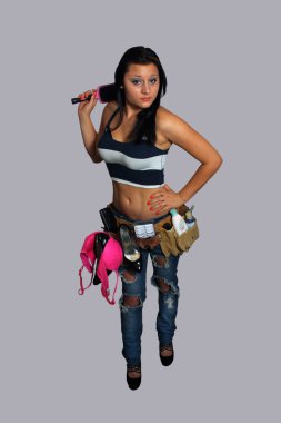 Beautiful Brunette with Feminine Tool Belt (1) clipart