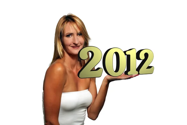 Beautiful Blonde with 3-D "2012" — Stock Photo, Image