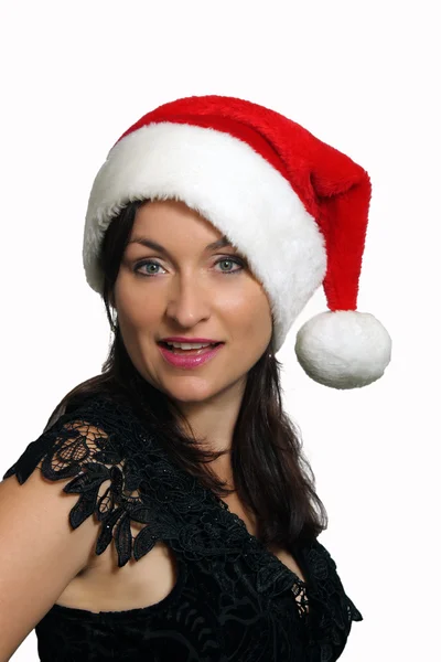 美丽的黑发女郎，圣诞老人的帽子 (4) — 图库照片