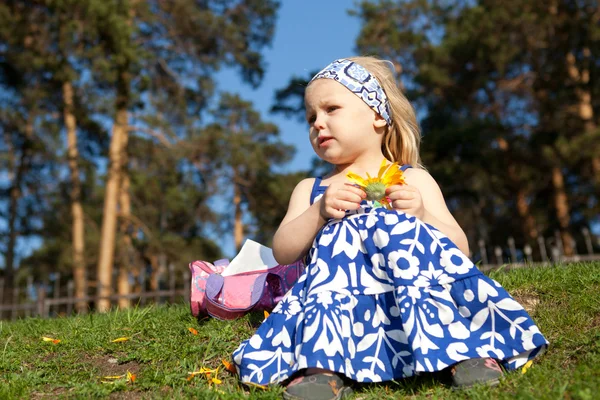 Dziewczynka siedzi na trawie — Zdjęcie stockowe