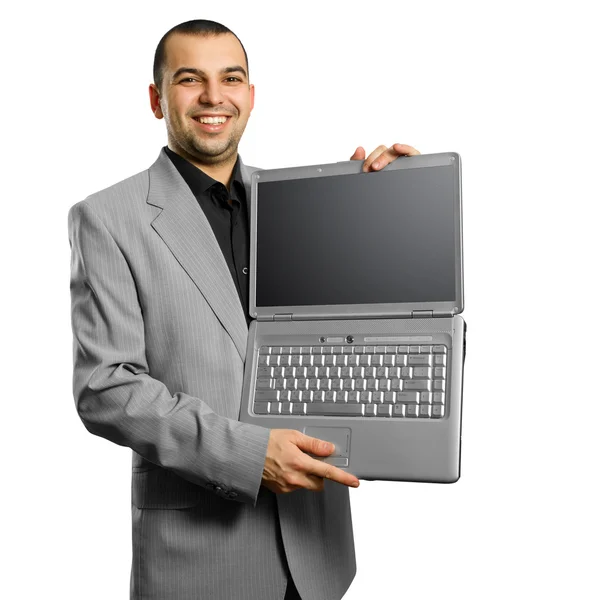 Zakenman met opengeklapte laptop in zijn handen — Stockfoto