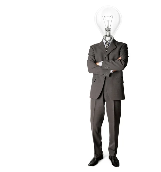 Homem de negócios com cabeça de lâmpada tem uma ideia — Fotografia de Stock