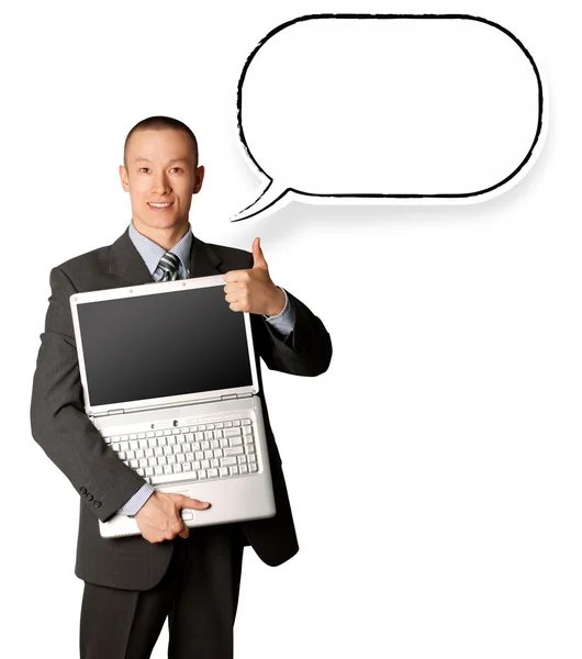 Uomo d'affari con laptop e bolla di pensiero — Foto Stock