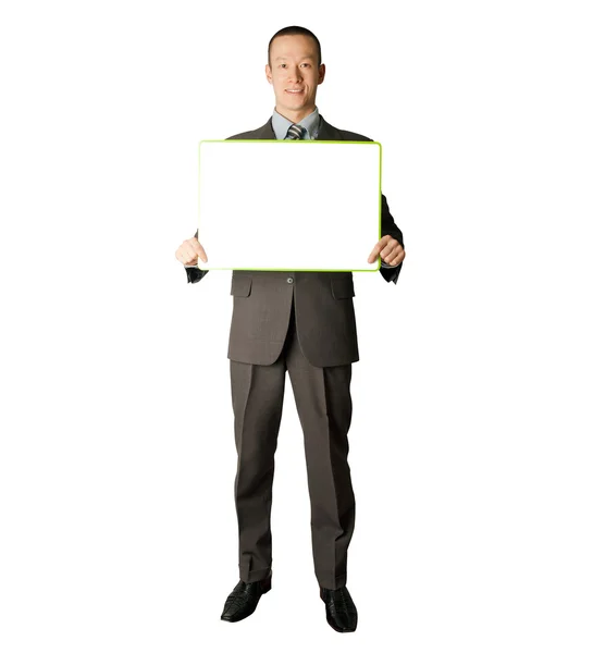 Feliz hombre de negocios con tarjeta blanca en blanco — Foto de Stock
