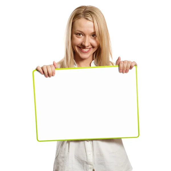Empresária feliz segurando cartão branco em branco — Fotografia de Stock