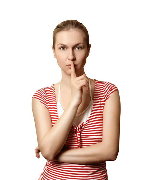 Donna sportiva con dito vicino alla bocca — Foto Stock