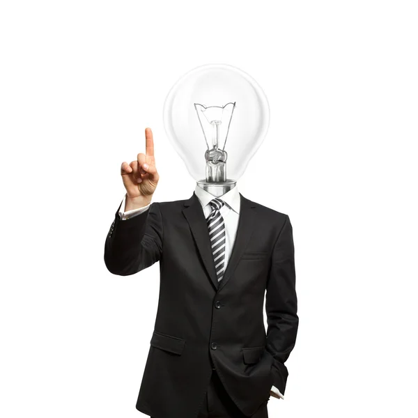 Empresário com cabeça de lâmpada aperte o botão — Fotografia de Stock