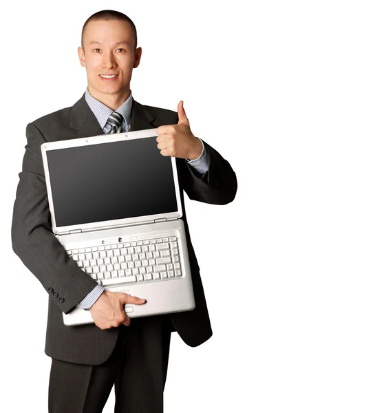Επιχειρηματίας με ανοιχτό laptop δείχνει welldone — Φωτογραφία Αρχείου