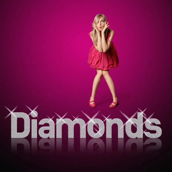 Letras de diamantes y mujer rubia — Foto de Stock